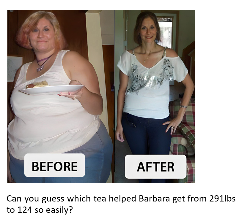 Before and after comparison showing a woman's tea-based weight loss journey